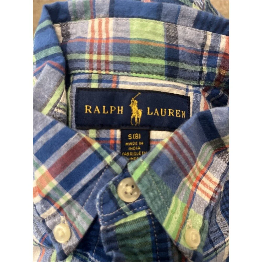 RALPH LAUREN Boys Plaid Button Front Shirt Multi Color Summer Fun Size (8) Small